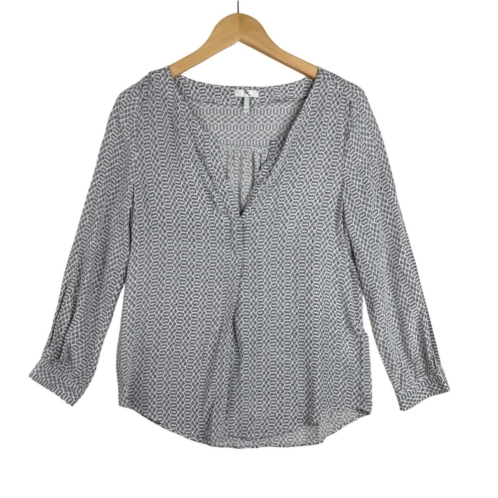 Joie 100% Silk Geometric Print V-neck Long Sleeve Blouse size Small Black/White